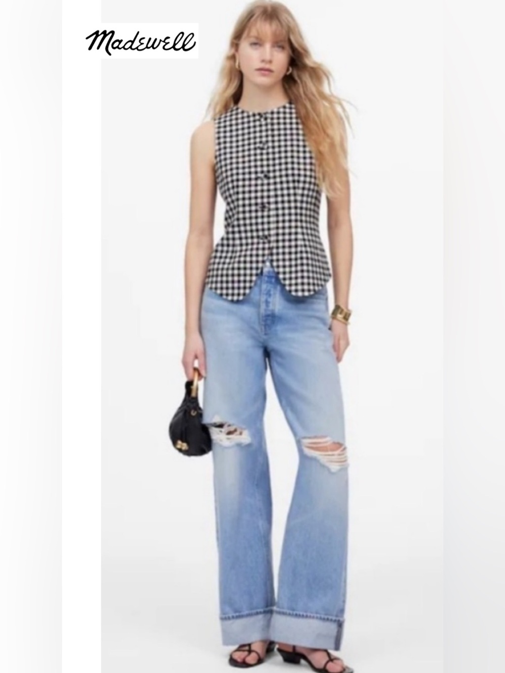 Madewell | Black & White Gingham Single-Breasted Crewneck Cut-away Vest | Size 8